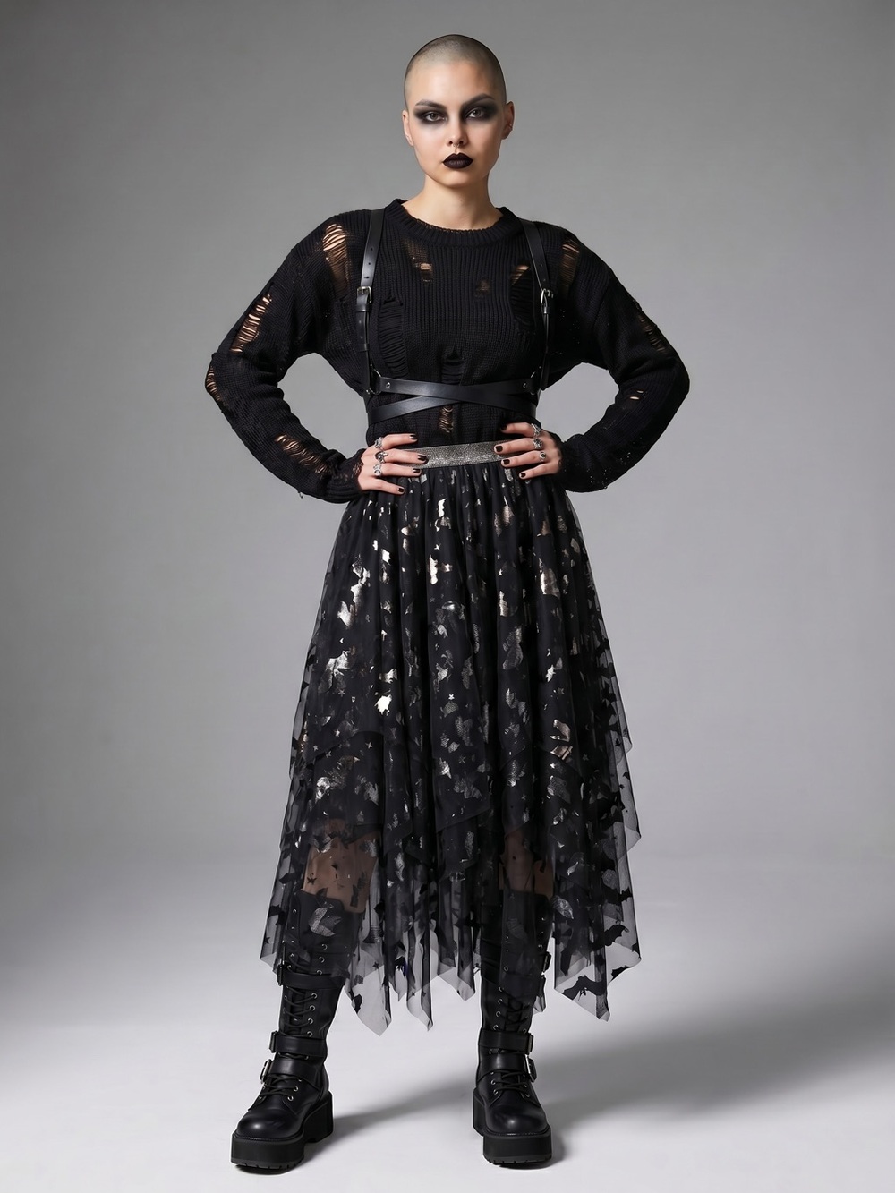 Chasing Fireflies Black Bat Tulle Midi Skirt L Goth Witch Halloween Costume